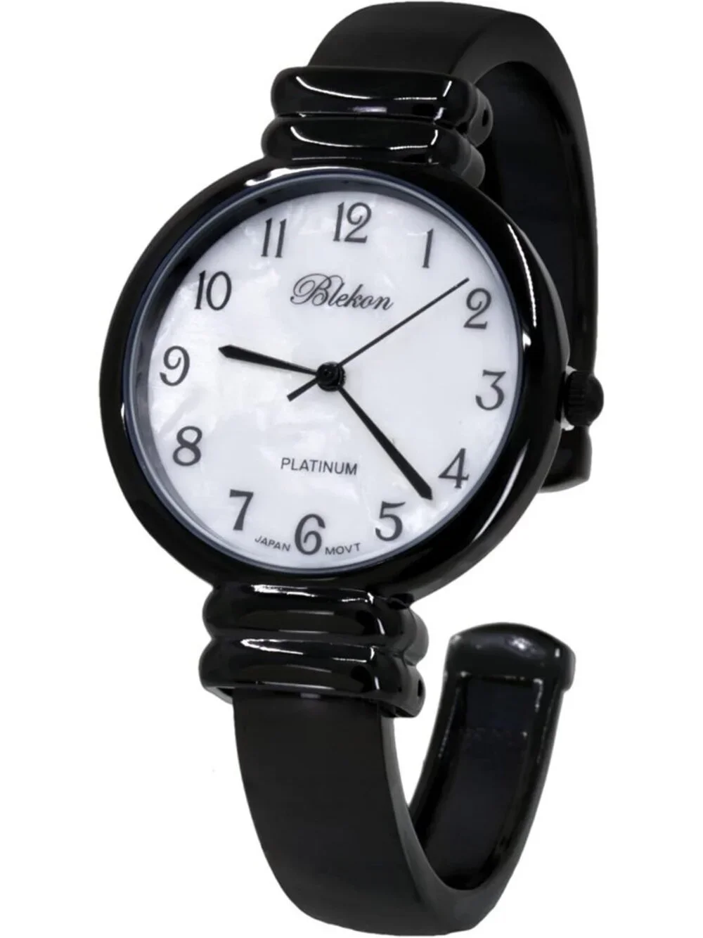 Women's White Black Analog Quartz Metal hinged Bangle Pearl Cuff Bracelet Watch